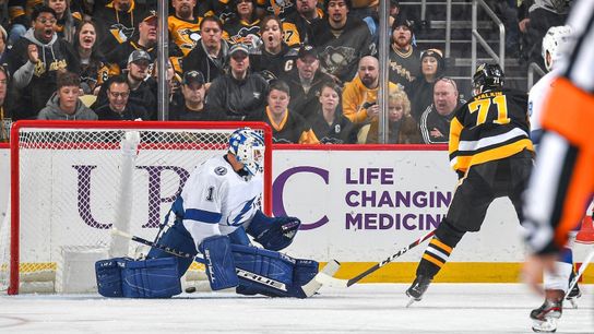 Freeze Frame: Malkin out of the box, on the board taken at PPG Paints Arena (Penguins)